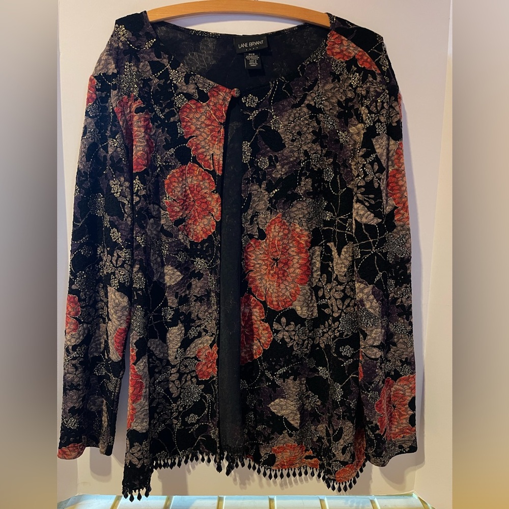 Lane Bryant Poly Mix Cardigan Beaded Trim Shoulder Pad Balck Red Pattern 22 W